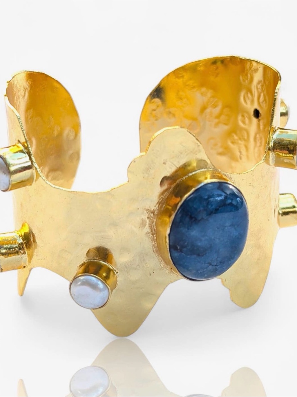 Handmade 18k Gold Plated Blue Quartz & Pearl Cuff Bracelet